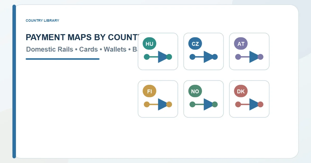Payment Maps by Country showing domestic rails, cards, wallets, and bank routes
