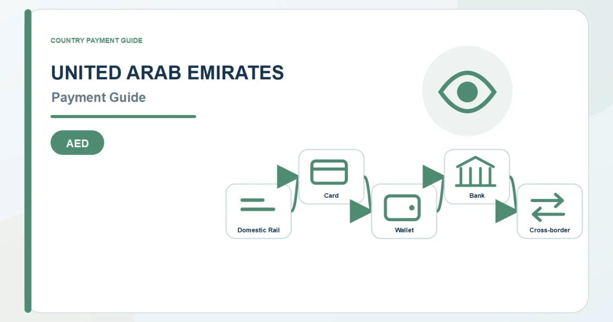 United Arab Emirates payment guide diagram covering AED payment rails, cards, wallets, and bank routes